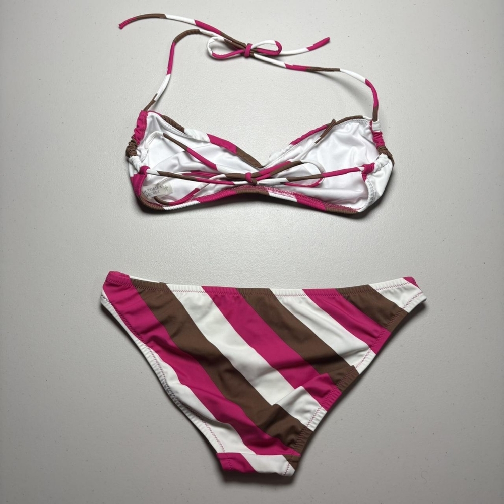 Victoria's Secret Women's Pink and Brown Striped Halter Bikini Set - Picture 2 of 7
